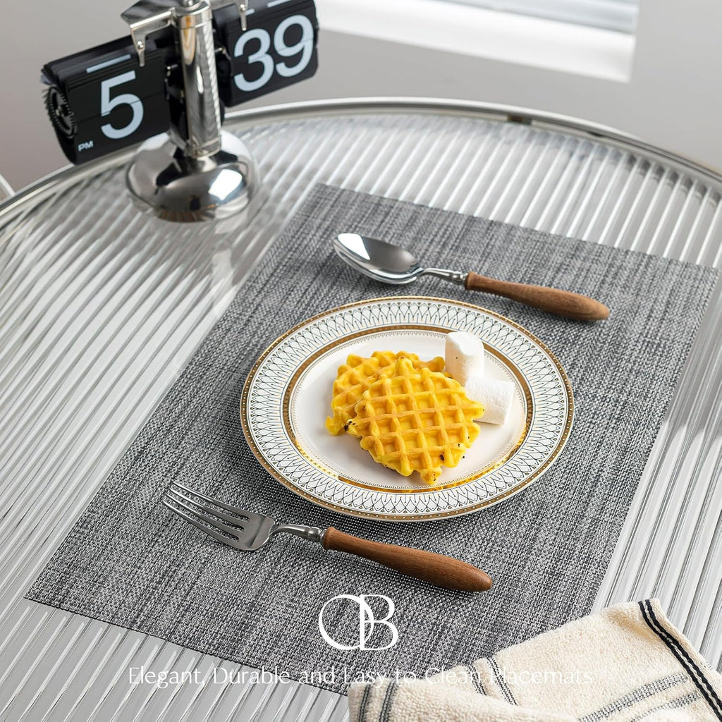 Placemats Set of 6 - Easy Clean Woven Vinyl Placemats for Dining Table, Indoor/Outdoor Place Mats, Washable PVC Table Mats（Dark Gray）