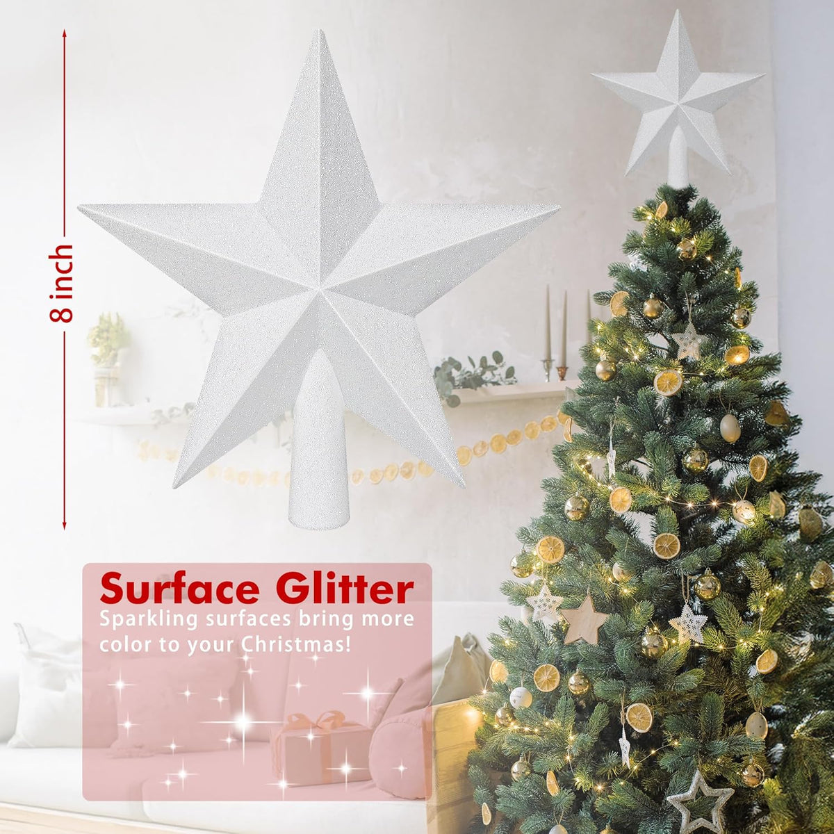 Star Tree Topper, 8" White Christmas Tee Topper Decorations, Glitter 3D Xmas Bethlehem Star Waterproof Shatter-Proof, Christmas Tree Topper Ornament Decor for Christmas Holiday Party Indoor Outdoor