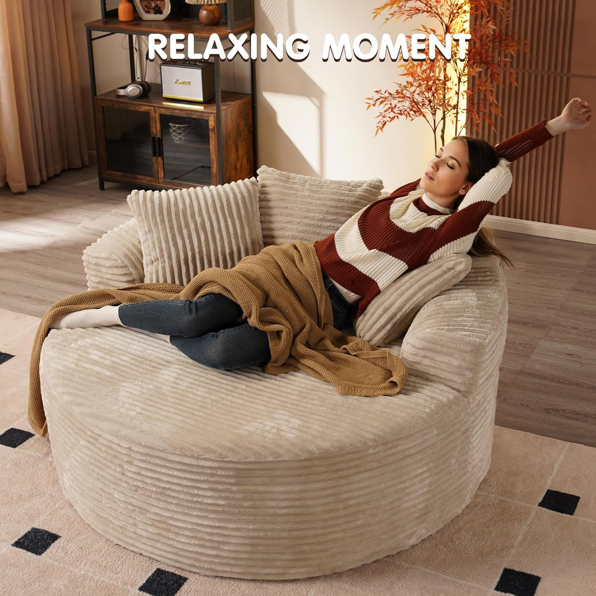 ovios 58" Oversized Round Chair Lounge Chaise Indoor, No Assembly Required, Cloud Large Circle Chair with Plush Fuax Fur, Fluffy Modern Sleeper Sofa Bed for Reading Yoga, Beige (Plush Corduroy Fabric)