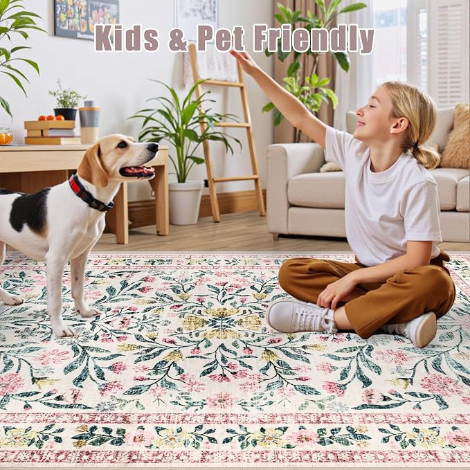 PLHXFR 8x10 Area Rug Living Room: Floral Washable Boho Carpet Pink Green | - Image 7