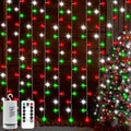 echosari Red White and Green Christmas Curtain Lights Battery Operated, 300 LED Fairy Curtain Lights 9.8Ft x 9.8Ft Hanging Lights with Remote Timer for Party Holiday Garden Yard Decor