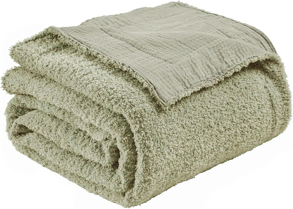 EMME Muslin and Fleece Throw Blanket Reversible - 50"*60" Sage Green Soft Warm Throw Blankets for Couch Bed Picnic Travel Bed