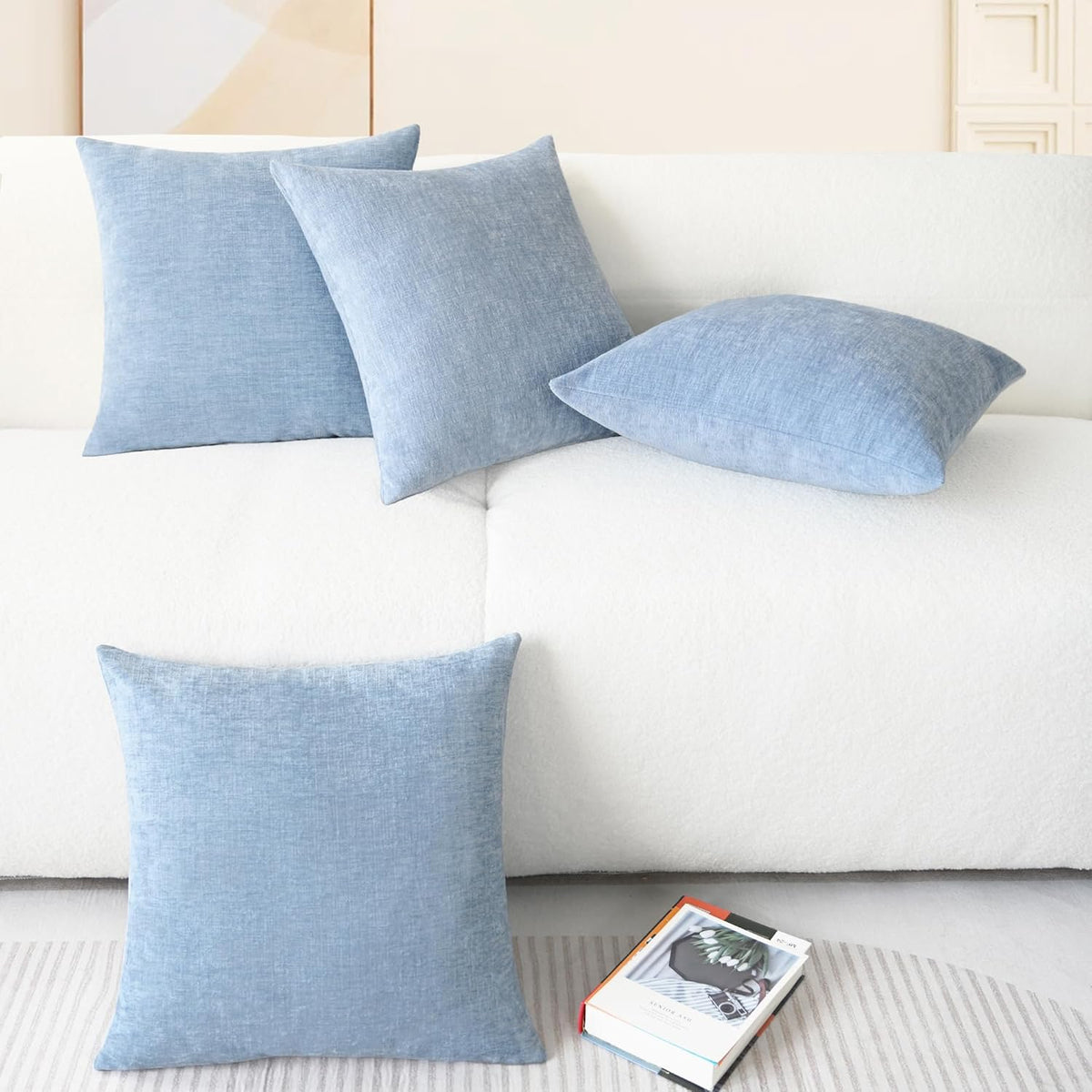 CaliTime Throw Pillow Covers Decorative 18 X 18 Inches Pack of 4 Cozy Chenille Cushion Cases for Couch Sofa Bed Living Room Home Baby Blue