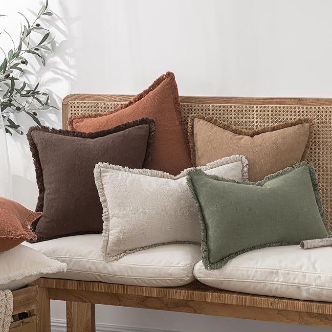 MIULEE Linen Fringe Decorative Fall Throw Pillow Covers Dark Brown 18x18 | Set - Image 2