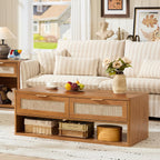 LEYAOYAO Boho Rattan Coffee Table and End Table Sets, 48" Wide Center Tables & 23" Night Stand with Charging Station Chest of Drawers, Brown Wood Coffee Table for Living Room 2 Piece Set