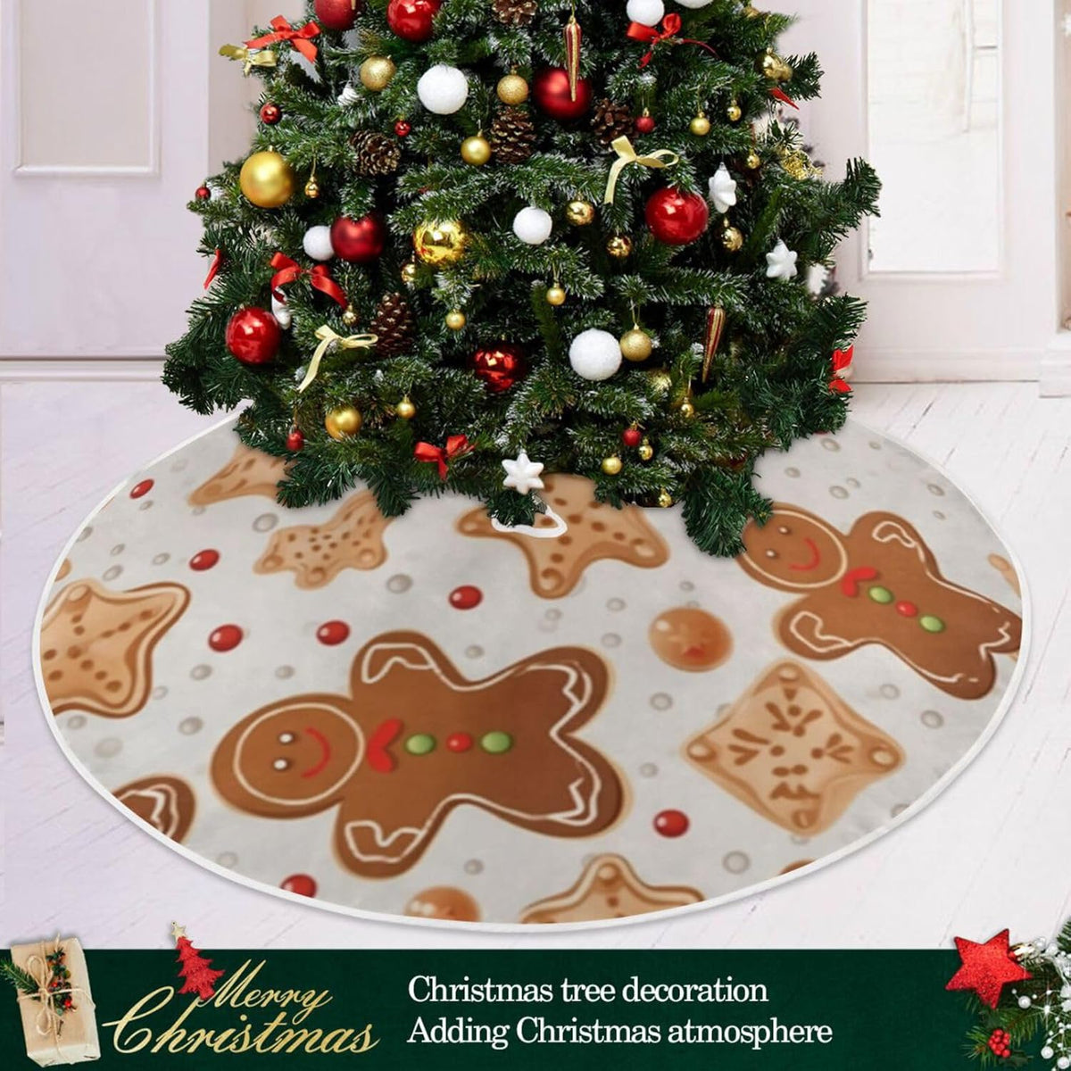 Gingerbread Christmas Tree Skirt - 48 Inch Xmas Tree Mat for New Year Party Decorations