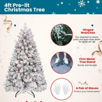 4 ft Prelit Flocked Christmas Tree with Pine Cones & 150 UL Lights, Snow Frosted Artificial Christmas Tree with Auto Hinged Stand for Holiday Decor