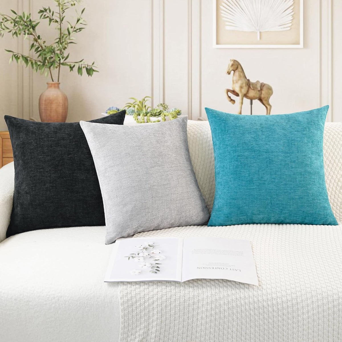 CaliTime Throw Pillow Covers Decorative 22 X 22 Inches Pack of 2 Cozy Chenille Cushion Cases for Couch Sofa Bed Living Room Home Lake Blue