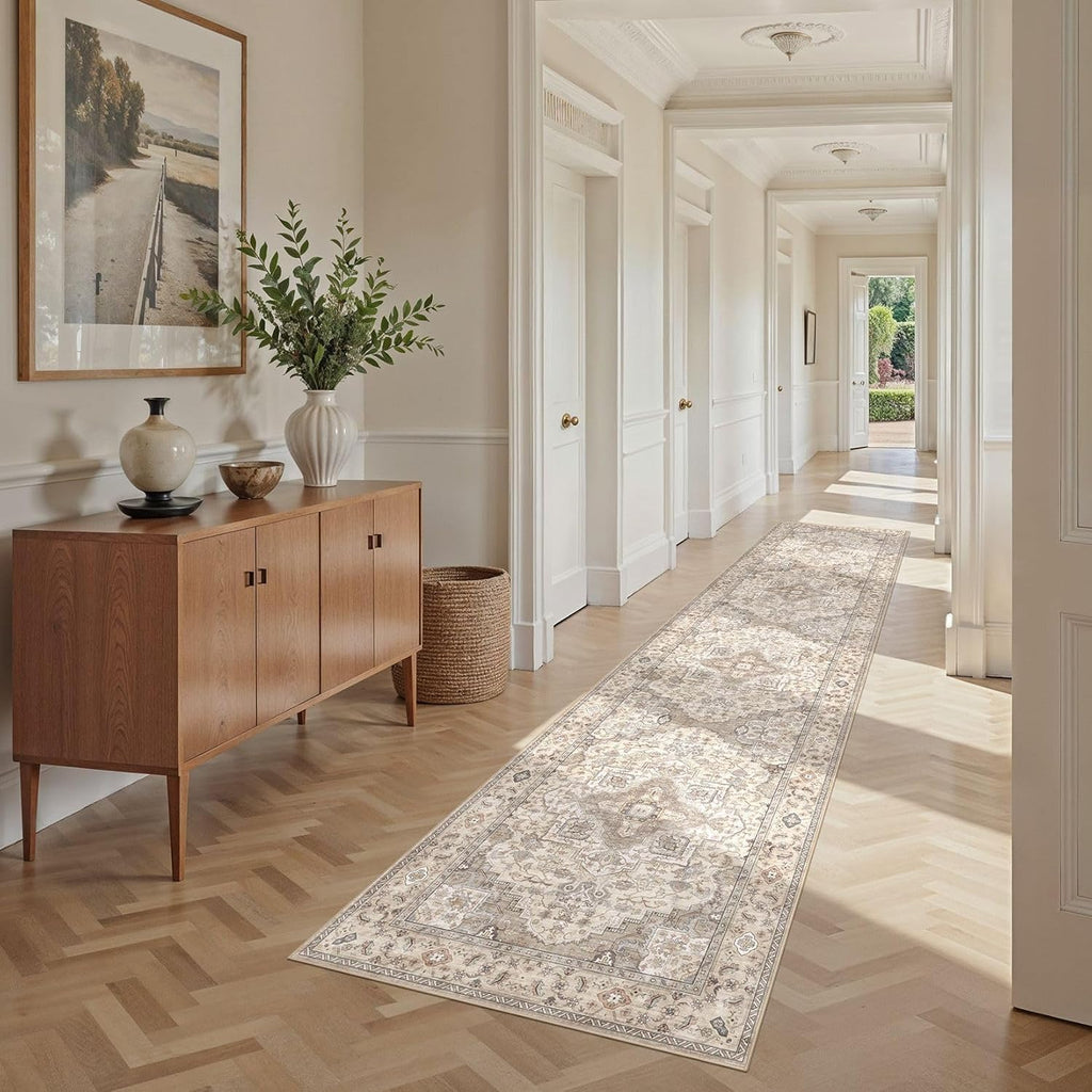 Washable 2.6x12 Runner Rug - Area Rugs Neutral Vintage Distressed Floral Farmhouse Boho Large Soft Floor Rug Indoor Carpet for Hallway Entryway Kitchen Home - Brown/Multi
