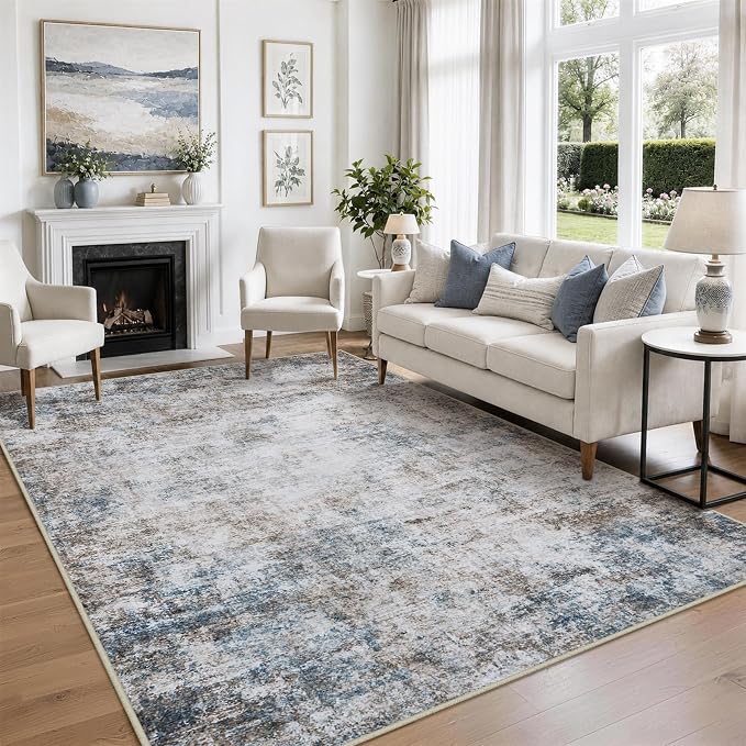 6x9 Area Rugs for Living Room Washable Bedroom Dining Room Brown Blue | Modern - Image 3