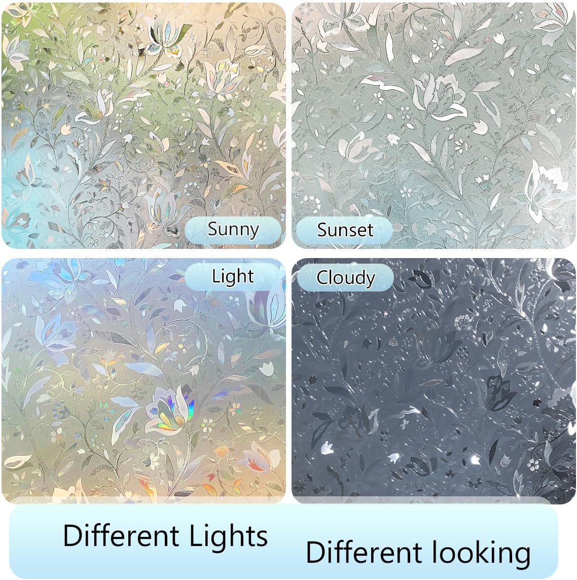 HIDBEA Window Privacy Film, 3D Stained Glass Static Cling - Sun Blocking Anti-UV Heat Control, Reusable Decorative Film for Home/Office Doors, Rainbow Tulip Design (29.5 in x 78.7 in)