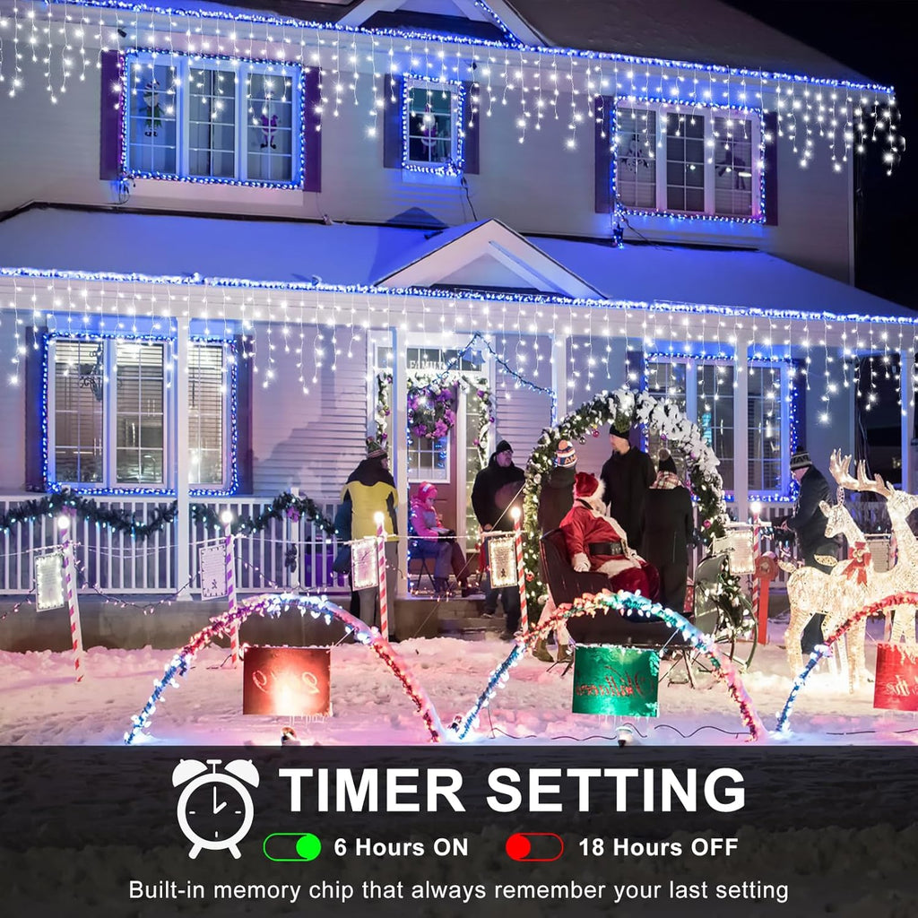 Icicle Lights for Outside, 33FT 400 LED Icicle Christmas Lights with 8 Modes 75 Drops, Waterproof Plug in Curtain String Lights for Outdoor Indoor House Yard Roof Wedding Decorations, White