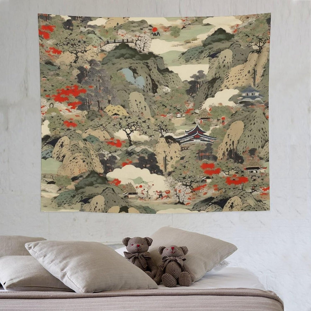Asian Tapestry,Japanese Red Landscape Asian Watercolor Abstract Art Tapestry, Asian Japanese Wall Tapestry, Nature Landscape Tapestries for Bedroom Living Room Decor 60"x50"