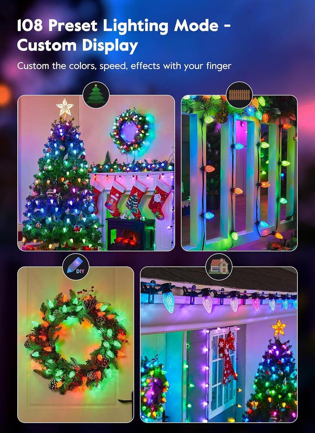 Brightown Smart C9 Christmas Lights Outdoor, 100 LED RGB C9 String Light with Remote, App Control, Music Sync, Connectable Waterproof Christmas Lights for House Tree Patio Holiday Xmas Decor
