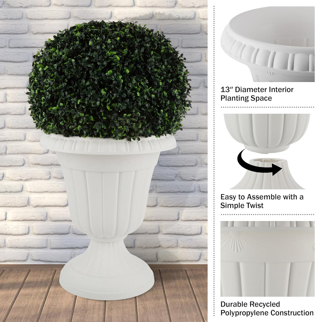 Pure Garden Outdoor Planter 2-Pack - 16x18-Inch Urn Planters - Plastic Plant Pots for Indoor, Outdoor, or Front Porch Decor - Flower Pots (White)