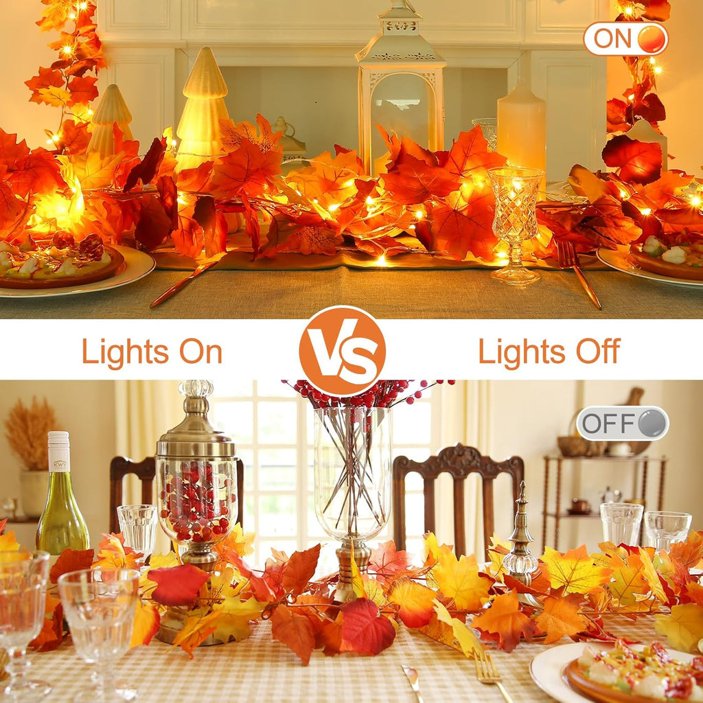 Joyhalo 6 Pack Fall Garland with Lights, Fall Leaves for Mantle, Outdoor Lighted Up Leaf Garland Autumn Decor with 6.5FT LED String Lights, Hanging Maple Leaves for Door, Thanksgiving Decor