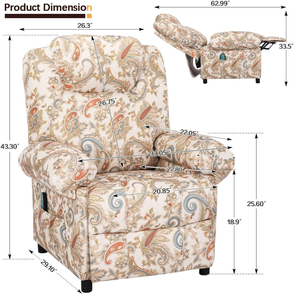 KCREAM Manual Massage Chair Recliner for Adult, Fabric Small Recliner Chairs with Side Pockets and Vibration,Single Sofa Home Theater Seating,Floral