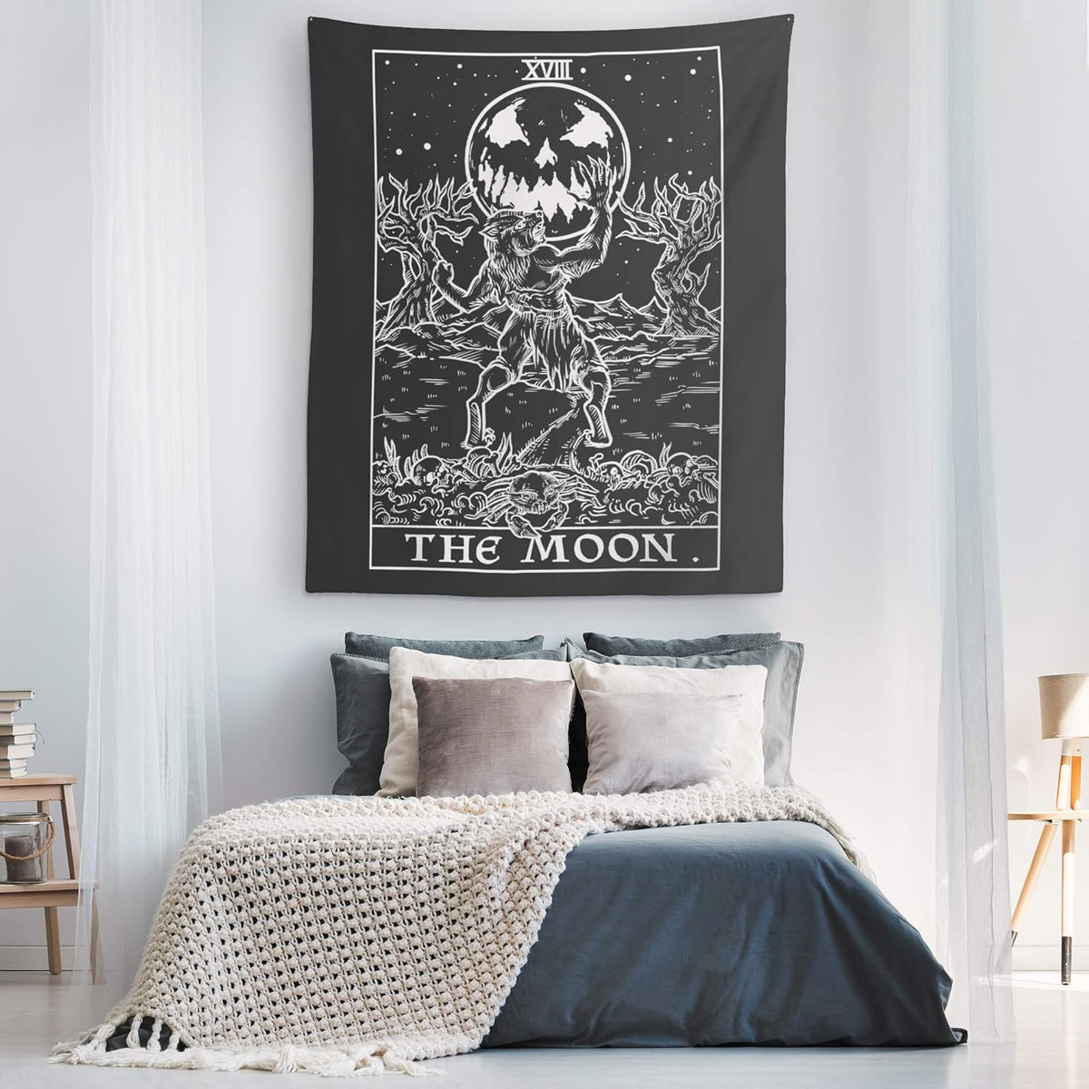The Moon Tarot Card Tapestry (Black & White) - Werewolf - Gothic Halloween Home Decor Wall Hanging (80" x 68")