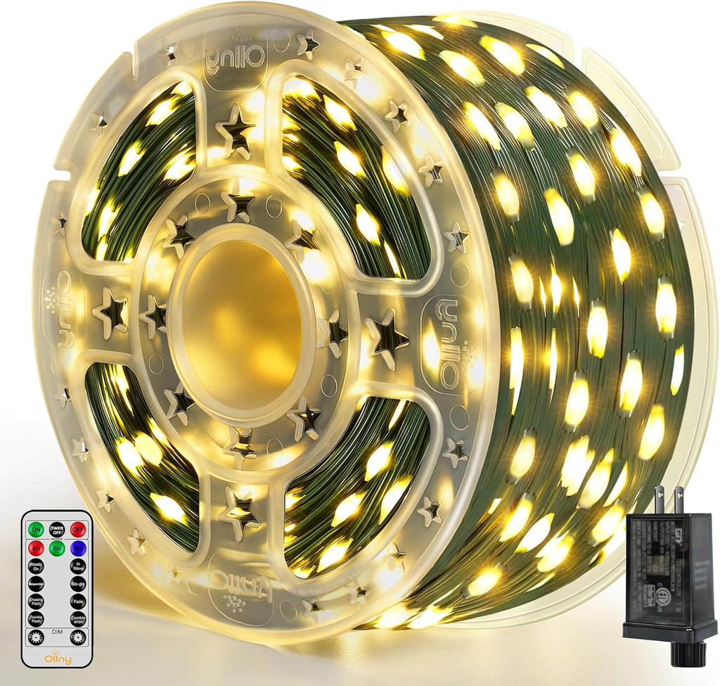 Ollny Christmas Lights 800 LED 262 FT Plug in, IP67 Waterproof Green Wire Outdoor Christmas Lights with Remote, 8 Modes and Timer Outdoor String Light for House Indoor Xmas Decorations (Warm White)