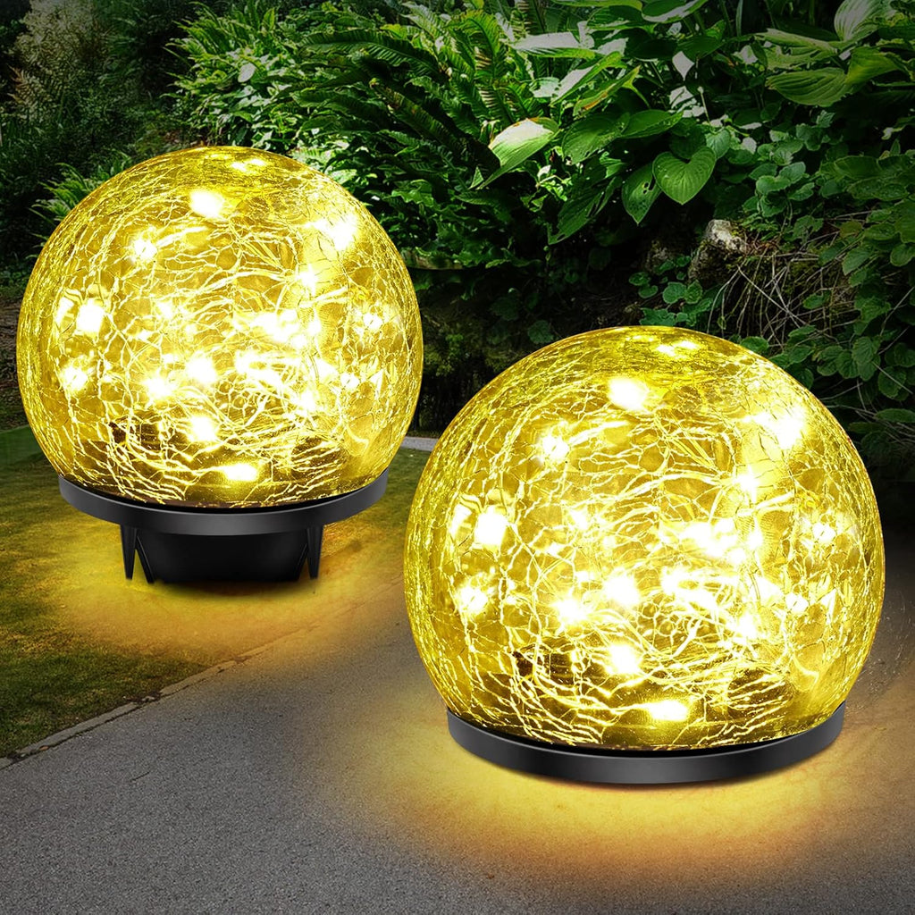 Solar Garden Lights, 2 Pack 60 LED Cracked Glass Solar Globe Lights Outdoor Decoration, Upgraded Waterproof Warm White LED Lights for Yard Pathway Patio Lawn Christmas Outside Decor, 4.73"