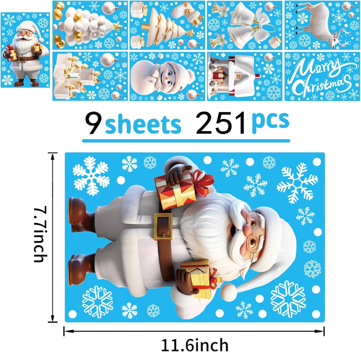 251PCS Christmas Window Clings Stickers for Glass, Xmas Decals Decorations Holiday Snowflakes Santa Snowman Gift and Reindeer Winter Wonderland Decals for Party