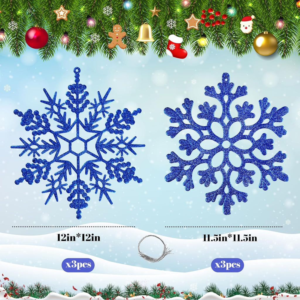 6pcs Large Navy Blue Snowflakes Ornaments 12" Big Plastic Glitter Snowflake for Winter Indoor Outdoor Christmas Tree Window Room Decorations Giant Craft Snowflakes