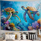 Sea Turtle Tapestry Ocean Tapestries Fabric Wall Hanging Aesthetic Space Coastal Indoor Outdoor Wall Art Tablecloth Bedspread Decoration for Bedroom Dormitory Living Room Home Decor 40"x60"