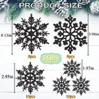 36pcs Black Christmas Snowflake Ornaments, Plastic Glitter Hanging Snow Flakes for Christmas Tree Decorations Winter Wonderland Frozen Birthday Party Holiday Home Decor Craft Snowflakes
