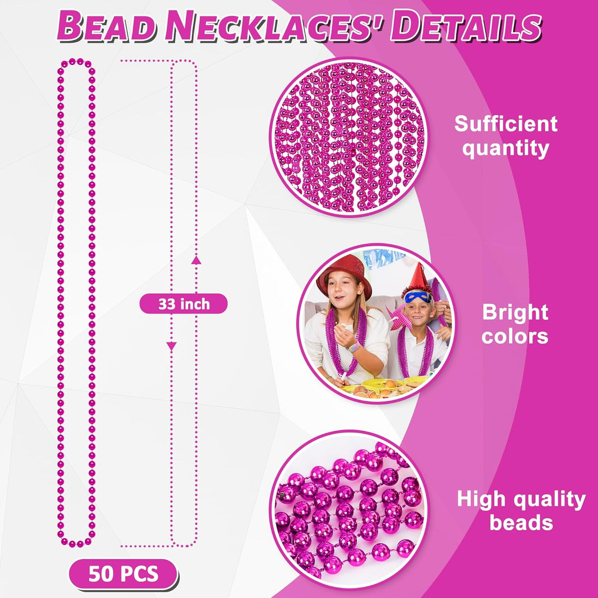 50PCS Bead Necklace, Metallic Mardi Gras Pink Bead Necklace, 33" Mardi Gras Round Beaded, Festival Parade Throw for Breast Cancer Awareness Accessories Gender Reveal Party Supplies Decor