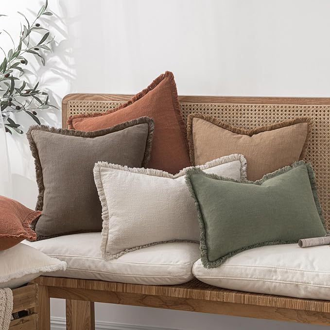 MIULEE Linen Fringe Decorative Fall Euro Throw Pillow Covers Coffee 26x26 | Set - Image 7