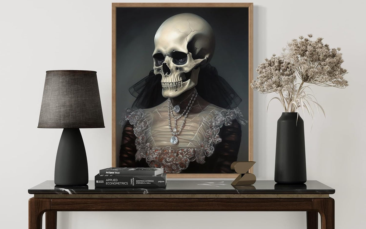 Female Skull Poster Art Print, Halloween Scary Vintage Wall Art Academia Spooky Painting Decoration for Horror Prints, Gothic Posters Bedroom Decor 89 (Female Skull, 16 x 20 inches, Wood Frame)