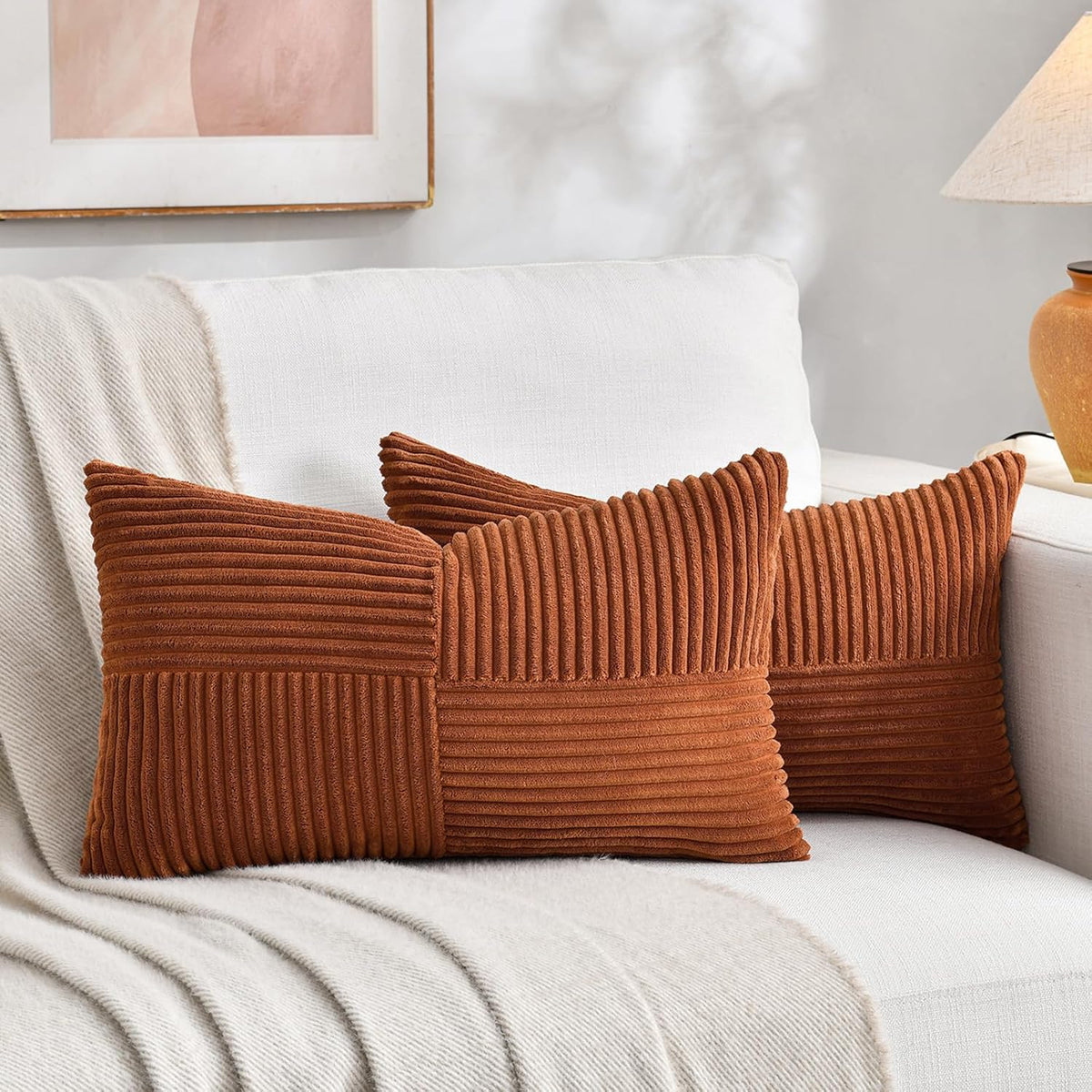 Fancy Homi 2 Packs Rust Lumbar Decorative Throw Pillow Covers 14x24 Inch for Couch Bed Sofa, Rustic Farmhouse Boho Home Decor, Soft Striped Corduroy Rectangle Accent Terracotta Cushion Case 35x60 cm