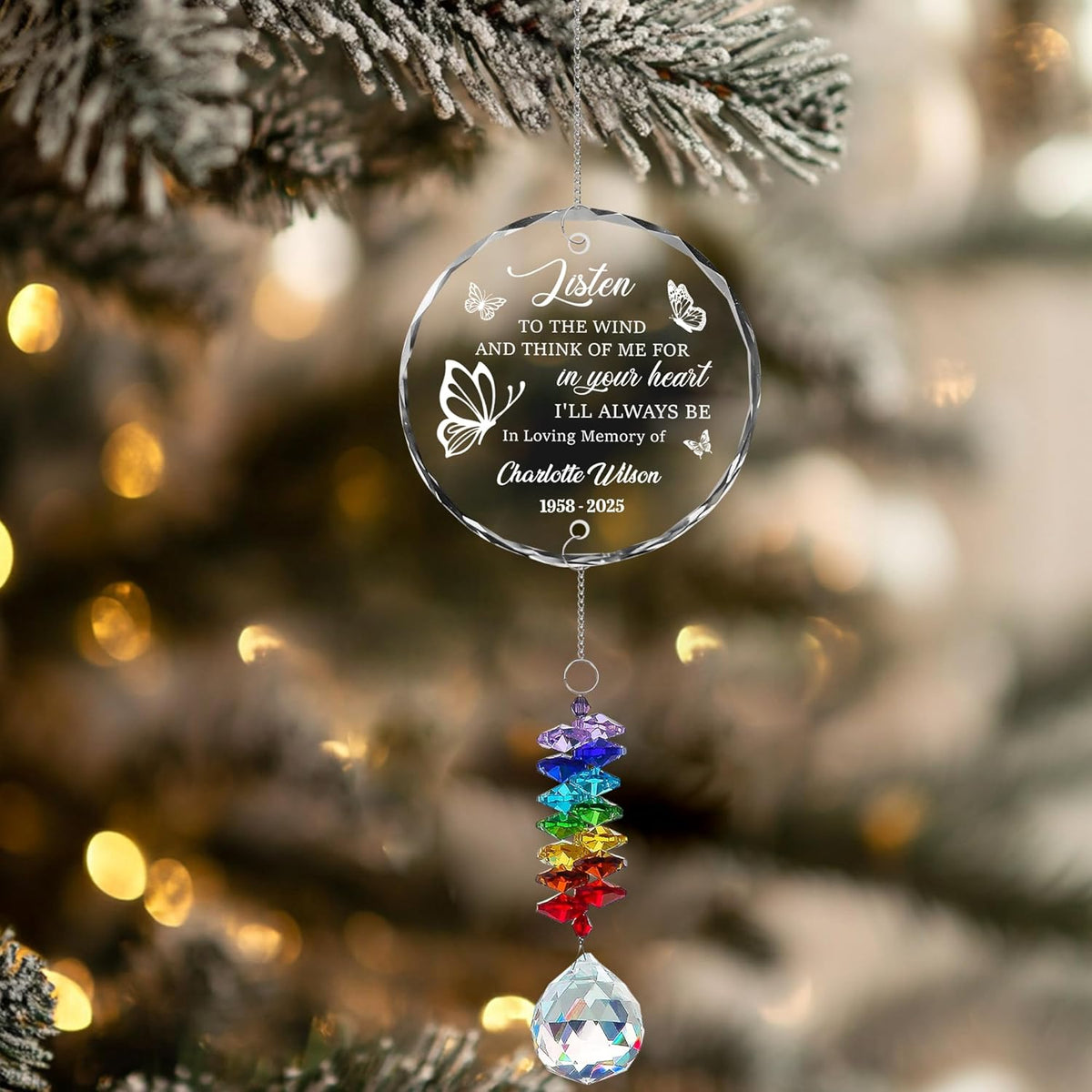 Personalized Memorial Christmas Ornament – Custom Angel Heaven Ornament for Loss of Loved One – Listen to The Wind Glass Sun Catcher – Family Remembrance Gift for in Loving Memory