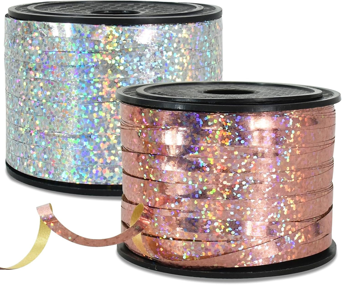 BEISHIDA 2 Pack 100 Yards Rose Silver Ribbon Curling Crimped Glitter Ribbon Balloon String Shiny Metallic for Gift Wrapping Ribbon Birthday Party Festival Art Craft Decor Florist Flowers Decoration
