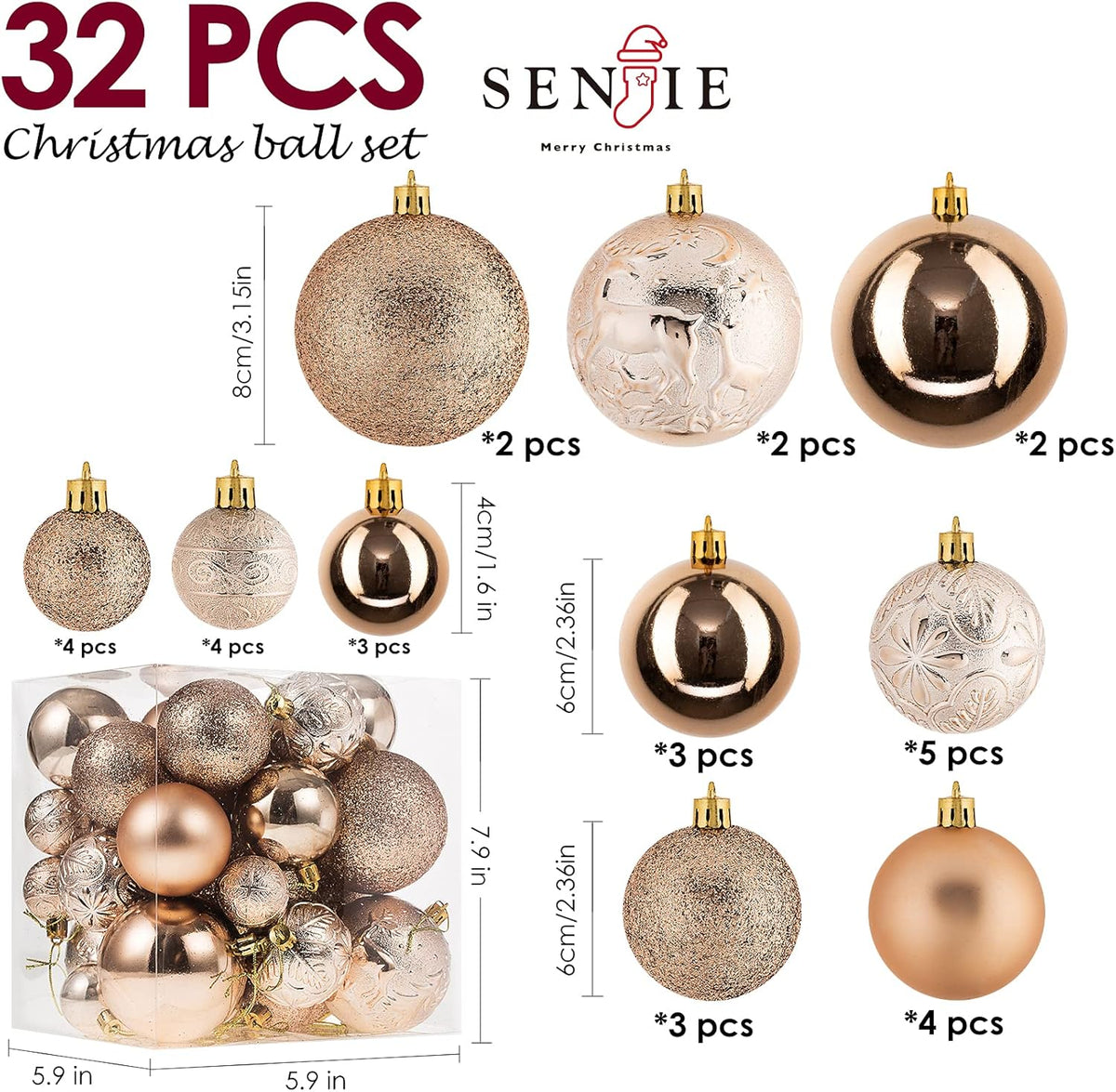 Christmas Ornaments for Xmas Trees,Champagne Shatterproof Christmas Ball Ornaments