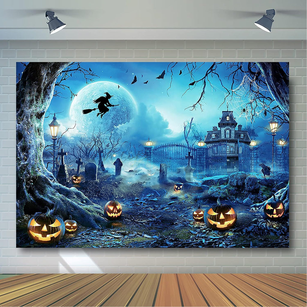 Avezano Halloween Photography Backdrop Full Moon Scary Night Castle Pumpkins Party Background Spooky Witch Bats Cemetery Child Kids Halloween Party Decorations Photoshoot Backdrops (8x6ft, Blue)