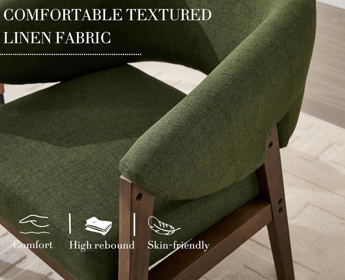 Mid-Century Modern Accent Chair, Comfy Barrel Armchair with Wide Seat, Upholstered Lounge Chair with Walnut Wood Legs for Living Room/Bedroom/Reading Corner, Linen Fabric, Deep Green, 1PC