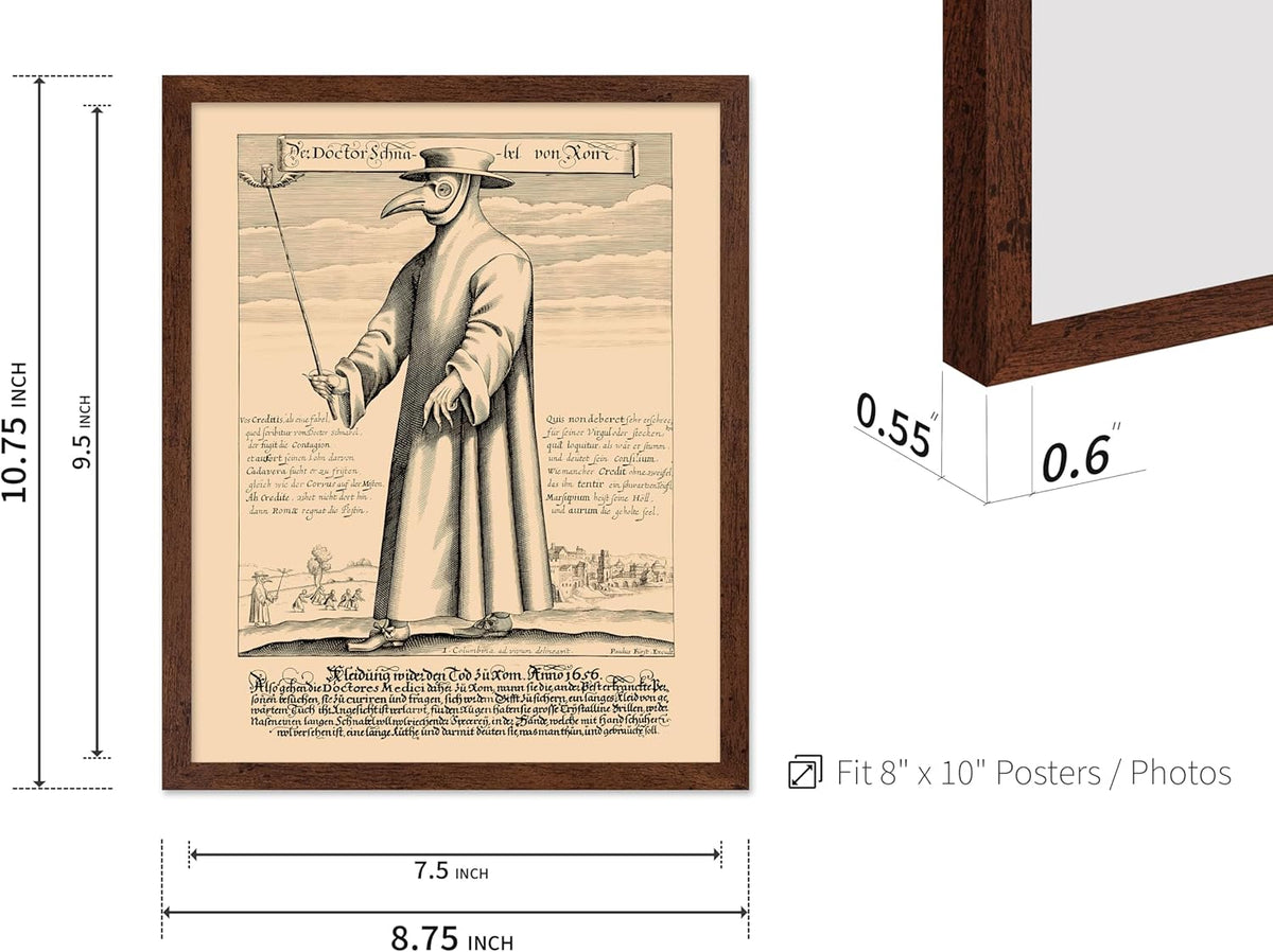 Poster Master Vintage Medieval Poster - Retro Illustration Print - Gift for Friend - Plague Doctor, Pandemic Mask, Physician, Black Death - Wall Decor for Home, Living Room, 8x10 Brown Framed