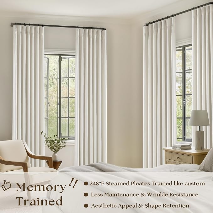 Cream Pleated 100% Blackout Linen Short 45 Inch Curtains 2 Layers Natural | - Image 2