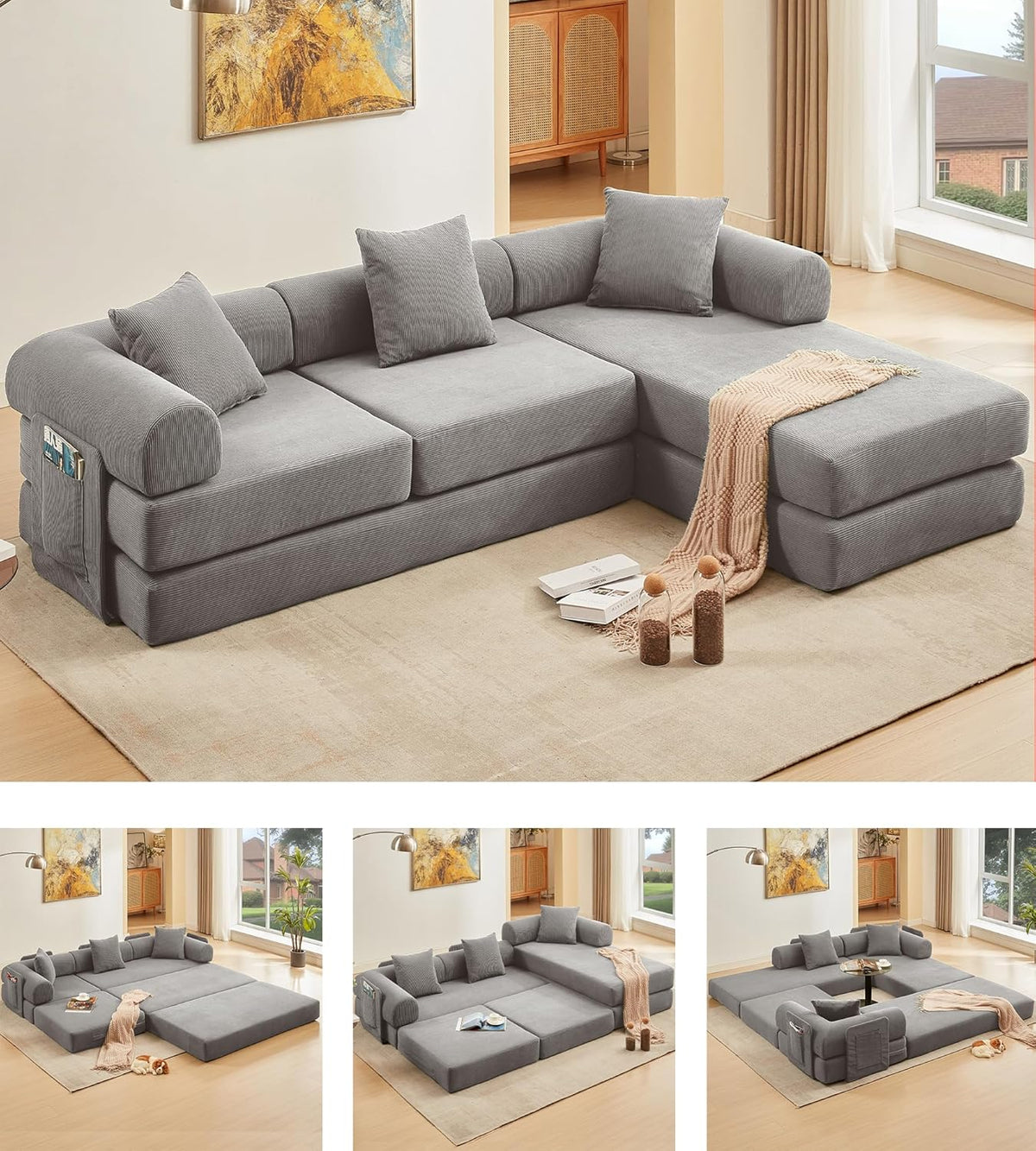 107" Oversized Convertible Sleeper Sofa Bed, Corduroy L Shape Sectional Couch, Folding Sofa Bed with Side Pocket, Modern Cloud Floor Mattress Couch, Modular Sofa for Living Room, Grey