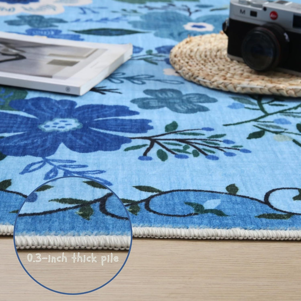 Door Mat Indoor Entrance 2x3 Rug Machine Washable Boho Floral Small Area Rug Non-Slip Low Pile Throw Rugs for Entryway, Kitchen, Front Door Indoor Entrance, Entry, Kids Room (Blue)