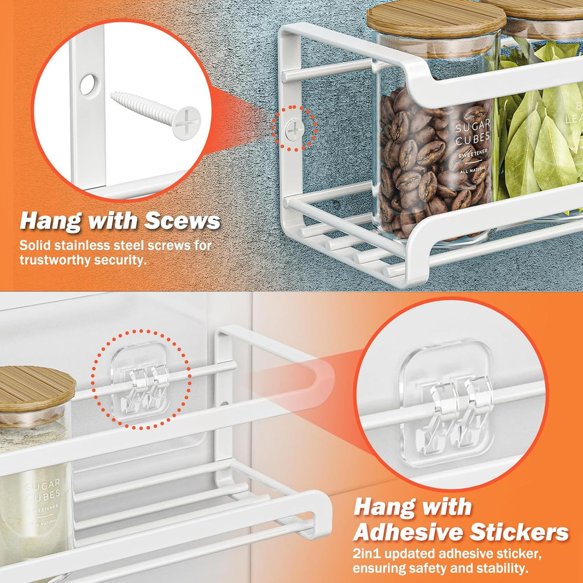 Spice Rack wall mounted 4 Pack, Space-Saving Spice Organizer for Spice Jars and Seasonings,Screw or Adhesive Hanging Spice Rack Organizer for Your Kitchen Cabinet,or Pantry Door,White