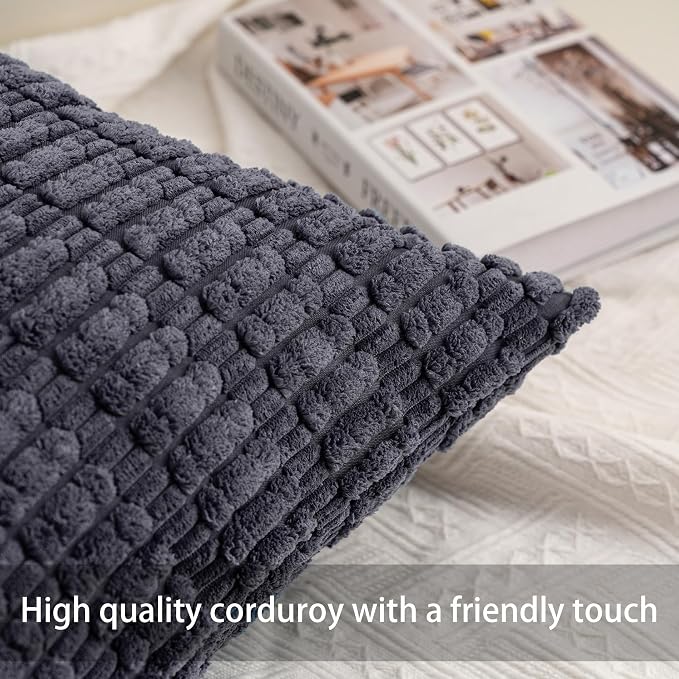 Pack of 2 Corduroy Decorative Throw Pillow Covers 22x22 Inch, Dark Grey | Fall - Image 2