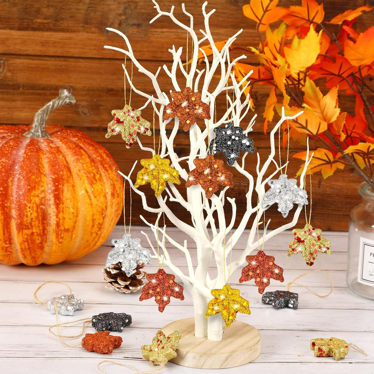 JULMELON 24 Pcs Thanksgiving Glitter Maple Leaves Colorful Foam Maple Ornaments Mini Hanging Fall Autumn Leaves for Thanksgiving Day Tree Decoration Party Favors Craft Supplies