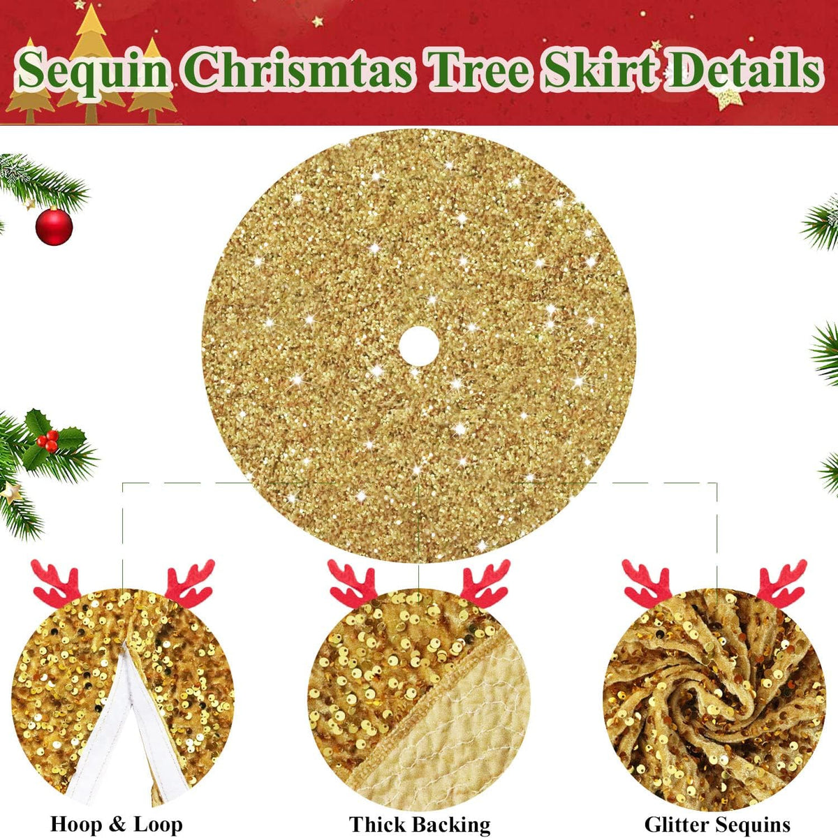 Gold Tree Skirt 46 Inch Shiny Sequin Christmas Tree Skirt Christmas Decorations for Feast Tree Velour Glittery Xmas Tree Skirts Round Metallic Christmas Tree Mat Skirt Vintage Sequins Tree Blanket.