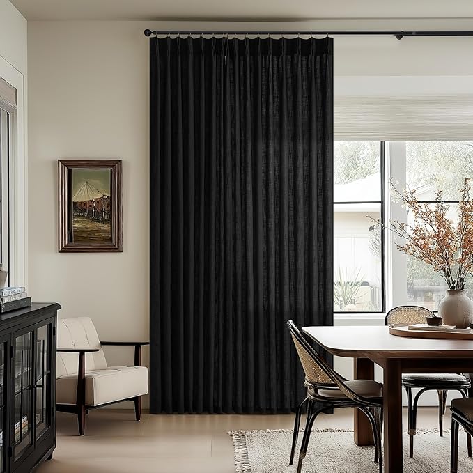 Pinch Pleated Linen Pleated Semi Sheer Black Curtains 96 Inch Long 2 Panels | - Image 7