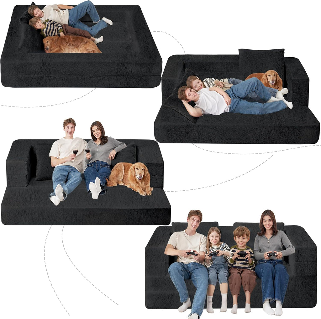 Folding Bean Bag Chair for Adults,3-in-1 Bean Bag Couch Faux Fur Floor Sofa Large Beanbag Convertible Bean Bag Sofa Bed with Pillow in Bedroom,Living Room,Apartment(Queen,Black)