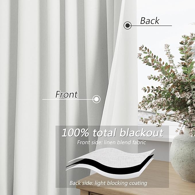 White 100% Blackout Linen Curtains 94 Inch Length 2 Panels Set - Image 3