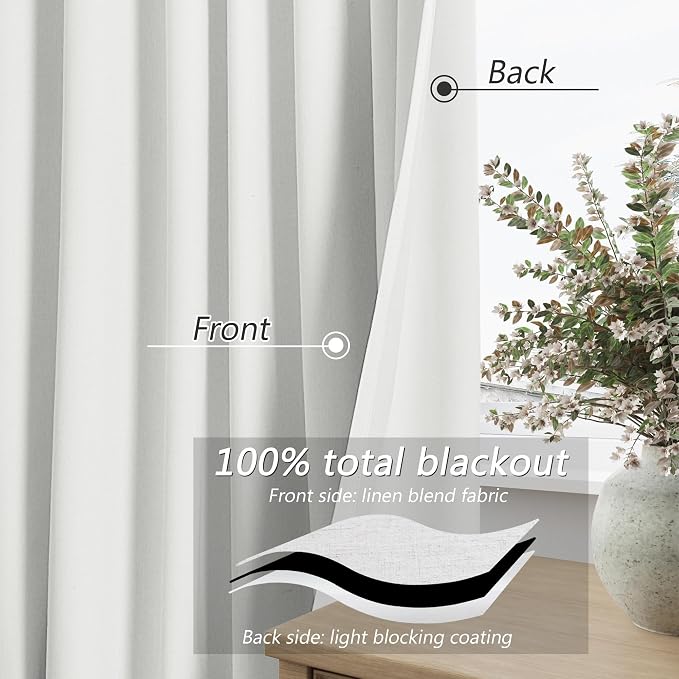 White 100% Blackout Linen Curtains 52 Inch Wide by 68 Inch - Image 3