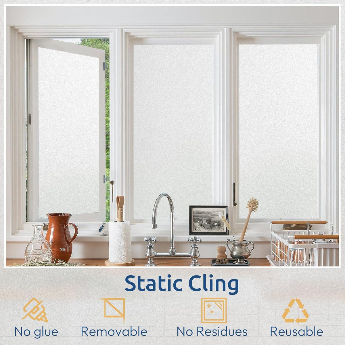 rabbitgoo Window Privacy Film, Non-Adhesive Frosted Glass Window Film for Bathroom, Static Cling Heat Blocking Stickers for Home Indoor Opaque Frosting Coverings House Tint, Matte White 11.8"x 78.7"